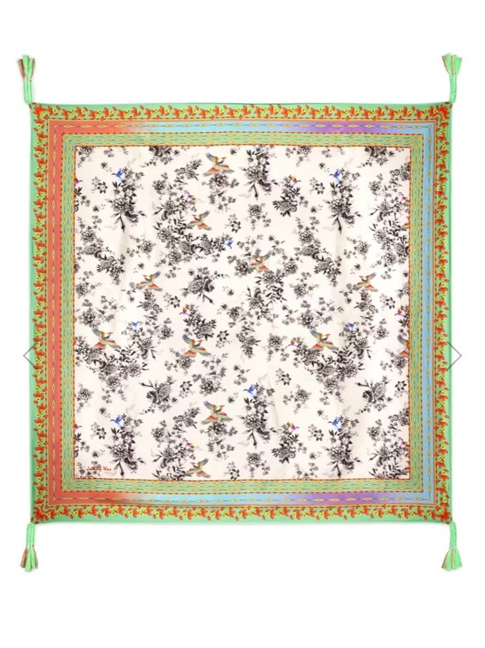 NEW Johnny Was Dreamer Garden Silk Scarf Floral Bird Braided Tassels 44" x 44"